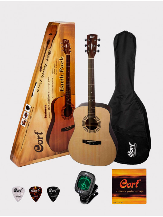Акустическая гитара Cort EARTH PACK Earth Series + аксессуары, цвет натурально-желтый